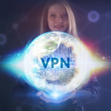 vpn services woman holding glowing earth globe earth connected through VPN